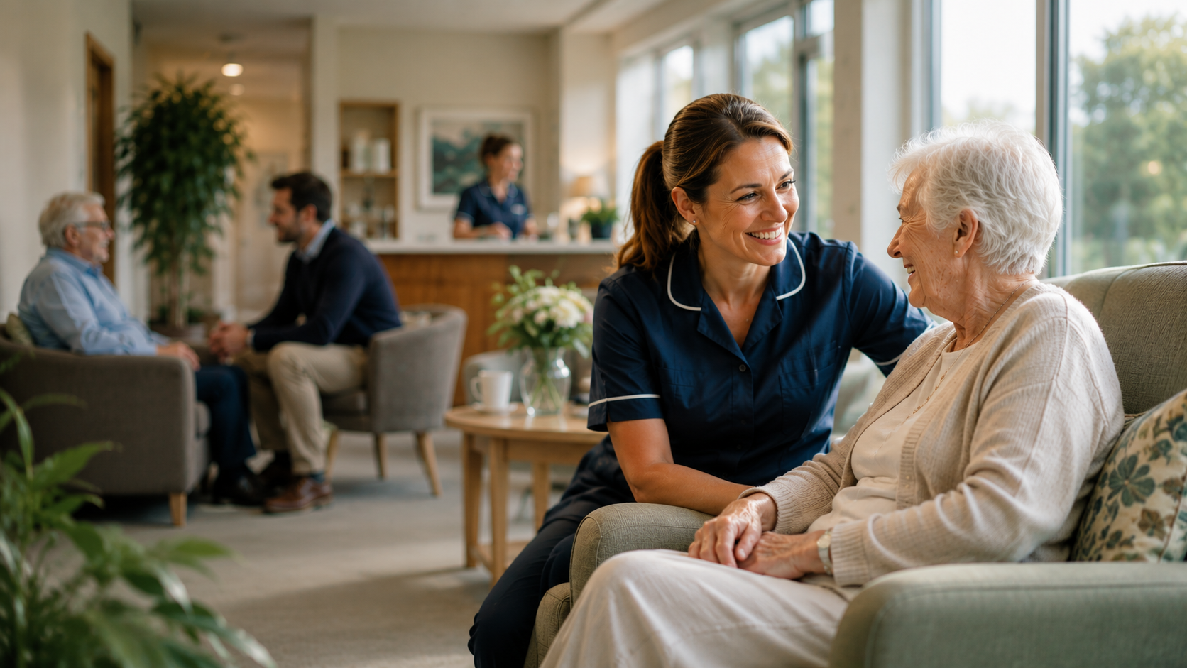 Care worker speaking with a resident in a sunlit lounge